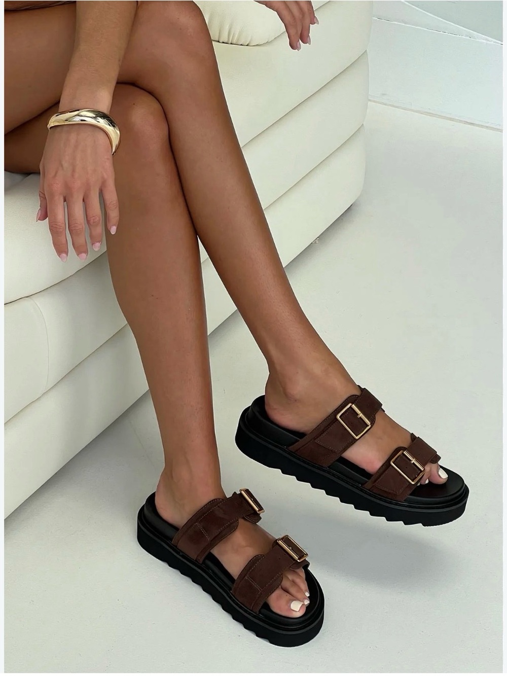 Princess Polly: ‘Ma Belle’ Brown Double-Buckle Platform Slide Sandals, Size: 8